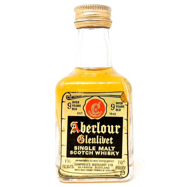 Aberlour-Glenlivet 9 Year Old Scotch Whisky, Miniature, 1 2/3 fl. ozs., 70° Proof Aberlour-Glenlivet 9 Year Old Scotch Whisky, Miniature, 1 2/3 fl. ozs., 70° Proof